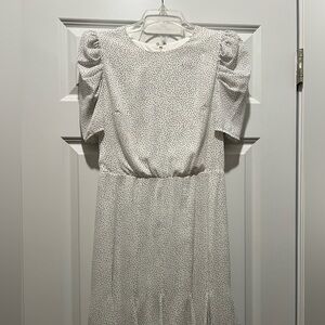 Express White Midi Dress with Black Micro Dots and Puff Sleeves